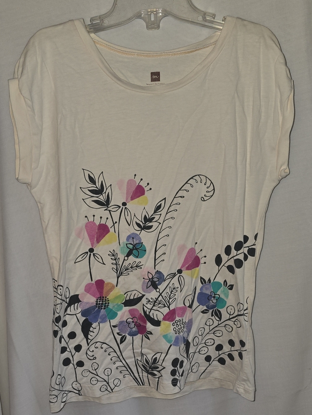 Tea Collection Cream Short Sleeve Tee with Multicolor Floral Print